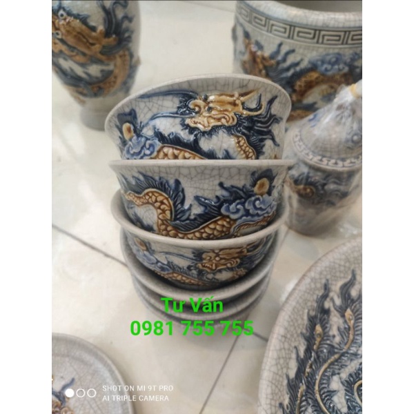 Đồ Thờ Cúng_Bát cúng Men Rạn Nổi Vẽ Rồng,Chén Sứ Bát Tràng Hàng Loại 1
