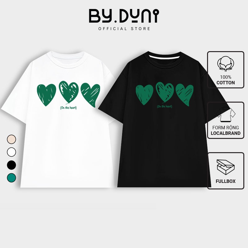 Áo thun cặp đôi nam nữ form rộng Local Brand tay lỡ unisex, áo cặp bạn thân vải cotton By.Duni mẫu ON THE HEART FULL BOX