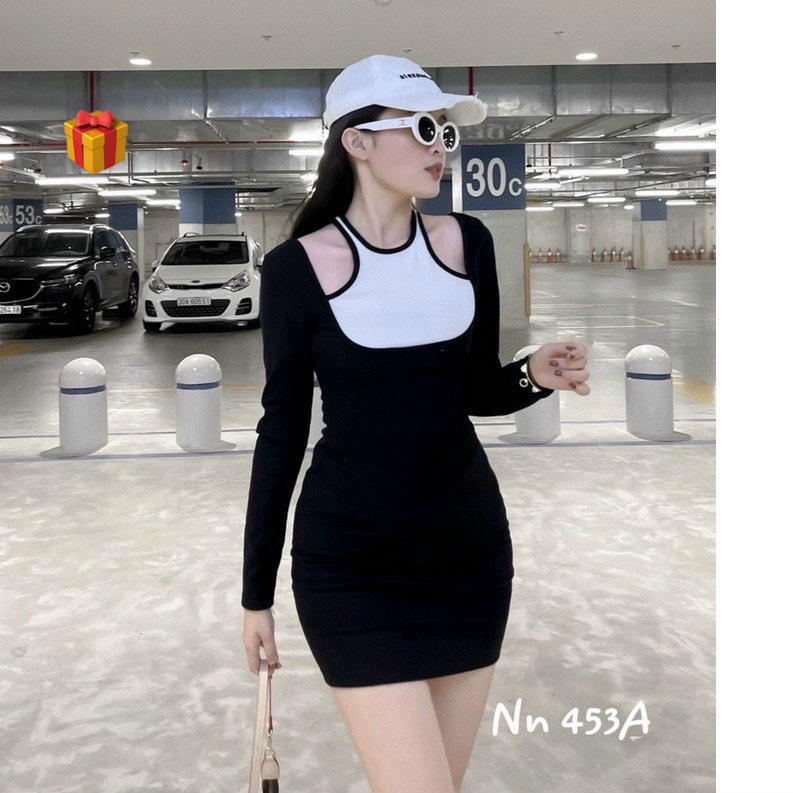 Đầm nữ thun gân body dáng ngắn trơn kiểu tay dài phối yếm viền màu hot