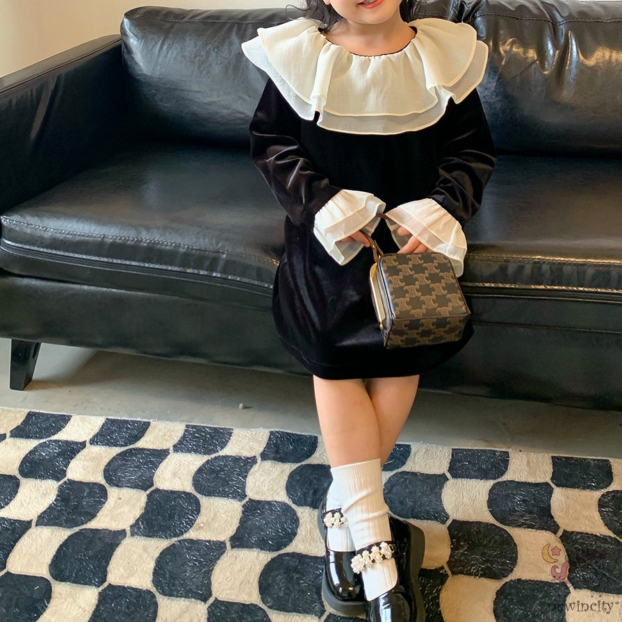 Đầm Nhung Cổ Bèo Phong Cách Chic Hàn Quốc Xinh Xắn Cho Bé Gái