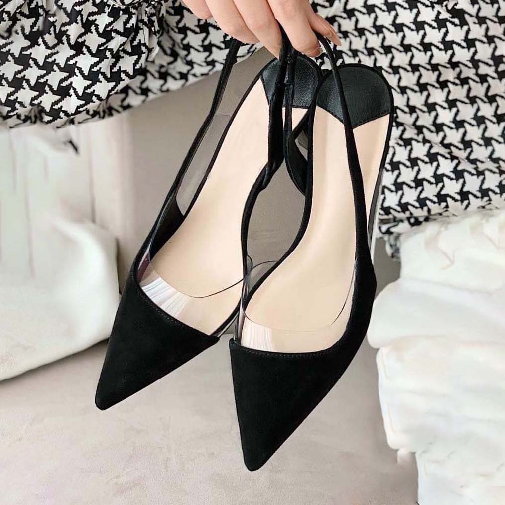 Giày cao gót sandal bít mũi màu đen, gót nhọn 6p phối mica xinh xắn OCNHI18