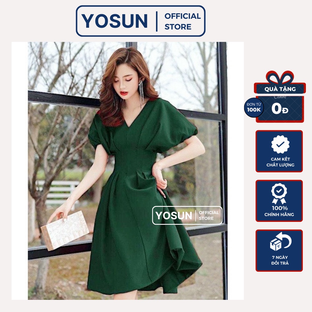 Đầm Nữ Dự Tiệc Xếp Li Eo Tay Bồng Sang Chảnh, Váy Thiết Kế Dáng Xòe Cổ V Quý Phái 3 Màu Đỏ Đen Xanh