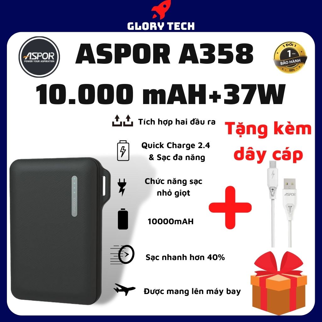 🎁TẶNG QUÀ 100%🎁Sạc dự phòng ASPOR A358 10.000MAh 37W - Pin dự phòng nhỏ gọn kích thước bằng thỏi son , Dễ dàng đút túi