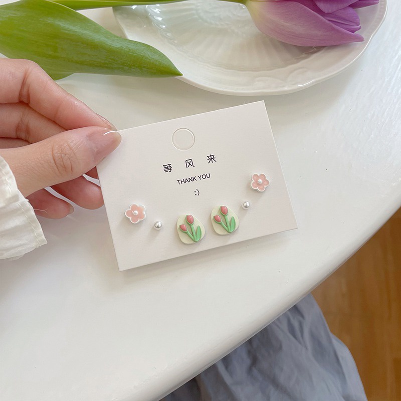 Bộ Sáu Chiếc Bông Tai Bạc Hình Hoa Tulip Nhỏ Nhẹ Sang Trọng Tinh Tế