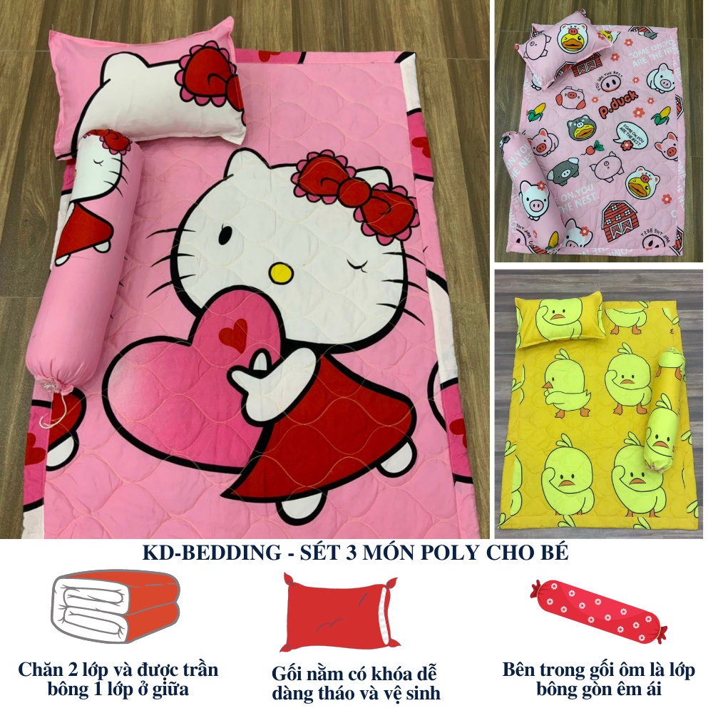 Bộ nệm gối 3 món cotton poly cho bé đi học mẫu giáo, sét 3 món chăn gối đáng yêu KD BEDDING hoạt hình dễ thương