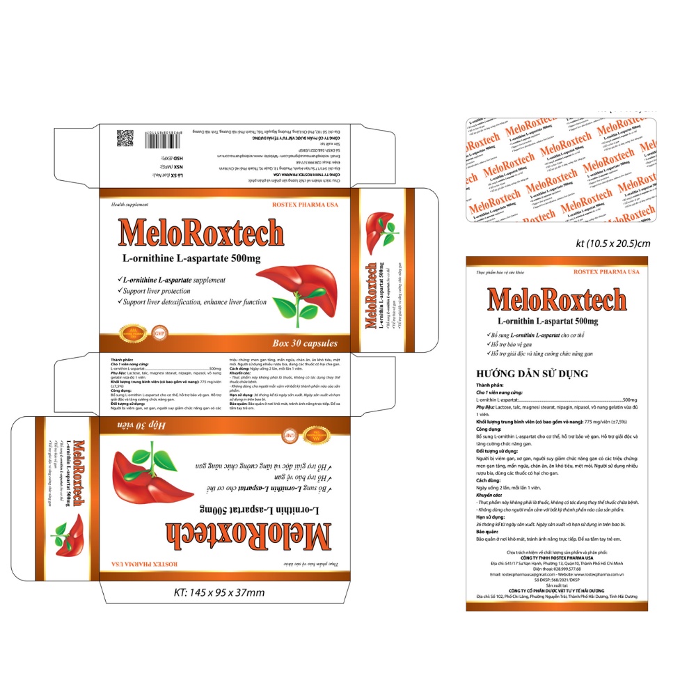 Bổ gan  Meloroxtech L-ornithine L-aspartat 500mg hạ men gan, giải độc gan - 30 viên