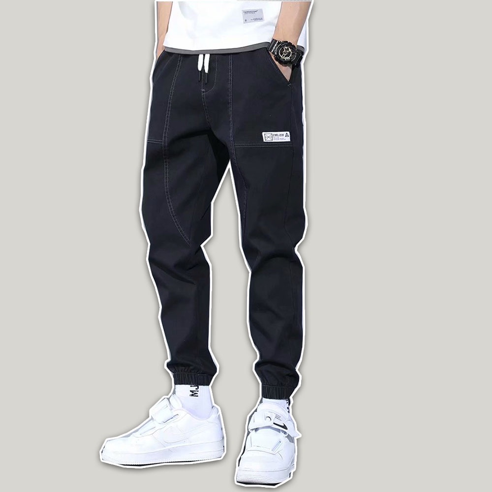 Quần Jogger Jeans nam màu đen logo thêu bó gấu lưng chun 752w 2021 pon.mens