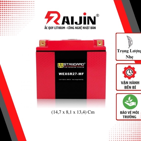 Bình ắc quy xe máy lithium WEX6R27-MF điện áp 12,8V 580CCA nhập khẩu USA dành cho xe mô tô dung tích xi-lanh lớn.