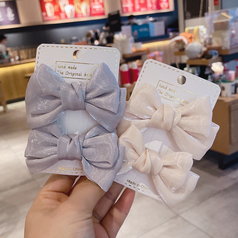 Bộ 2 Kẹp Tóc Nơ Vải Satin Trơn Màu Thời Trang Hàn Quốc Dành Cho Bé Gái