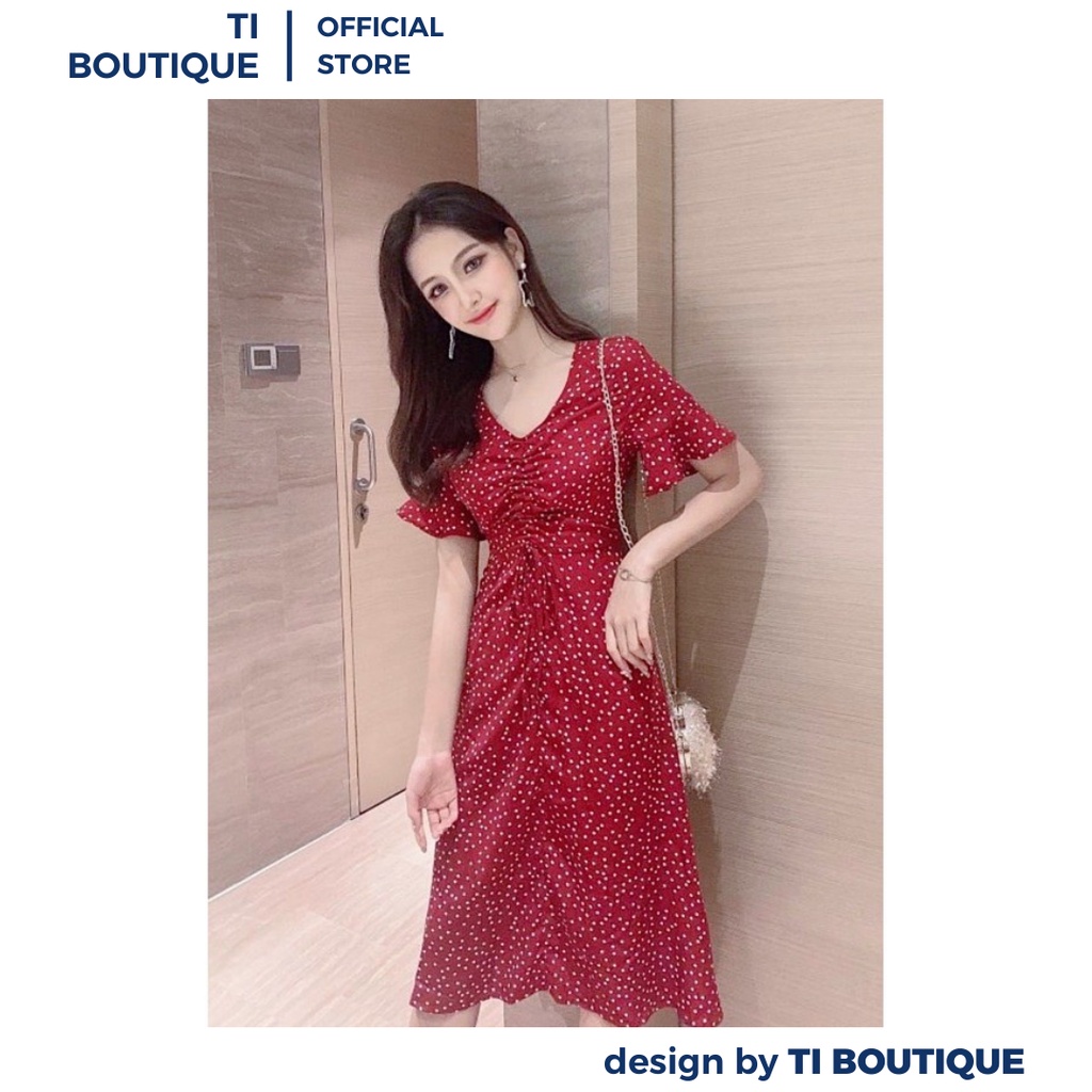 Đầm Dạo Phố Cổ V Tay Áo Cánh Tiên Nữ Tính Dịu Dàng, Váy Họa Tiết Chấm Bi Đỏ Dài Xòe Nhè Nhàng Cuốn Hút