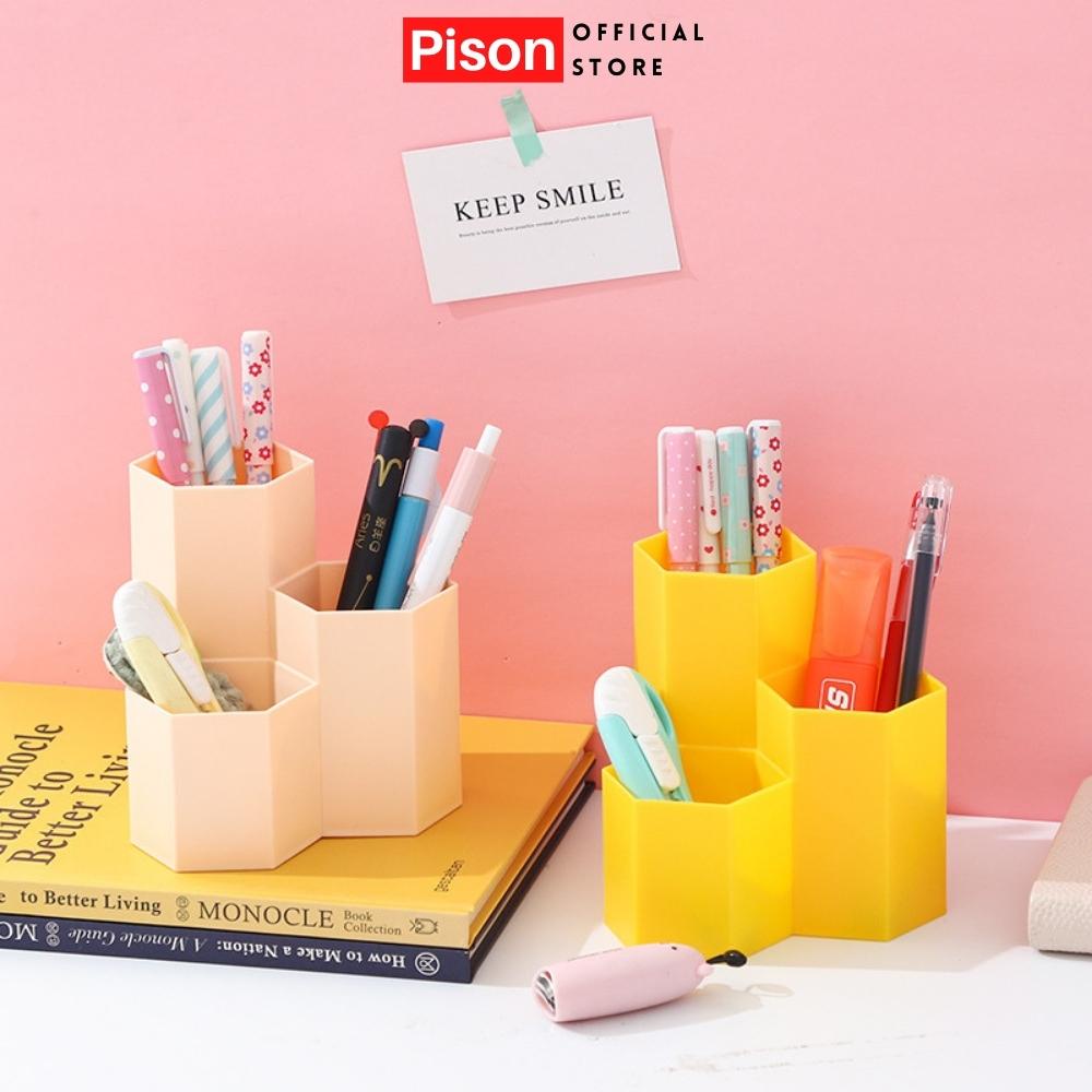 Lọ cắm bút Hình tổ ong 3 ngăn Pison, khay đựng đồ đa năng cho góc làm việc gọn gàng – VPP009 – 1 cái