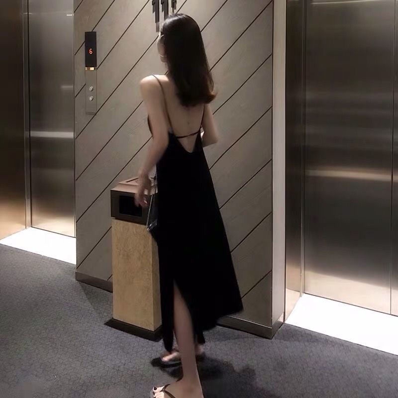 Đầm 2 Dây Hở Lưng Sexy Dáng Dài Màu Đen Phong Cách Thời Trang Pháp Cổ Điển Váy Nữ