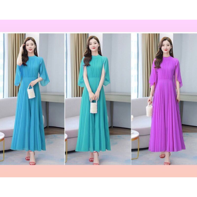 Đầm Maxi Lụa Cao Cấp Dáng Suông ,Váy Xếp Ly Cánh Tiên Dáng Xòe Vintage Kiểu Dáng Thanh Lịch M L XL