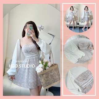 Set Đầm Hoa Đan Eo Kèm Áo Khoác Hèo Studio (Ảnh Thật)