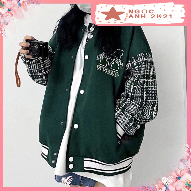 Áo Khoác Bomber, Áo Khoác Nỉ Chữ M Nam Nữ Phối Tay Kẻ Caro Xanh Lá, Đen Bo Chun Tay Freesize Unisex Hàn Quốc