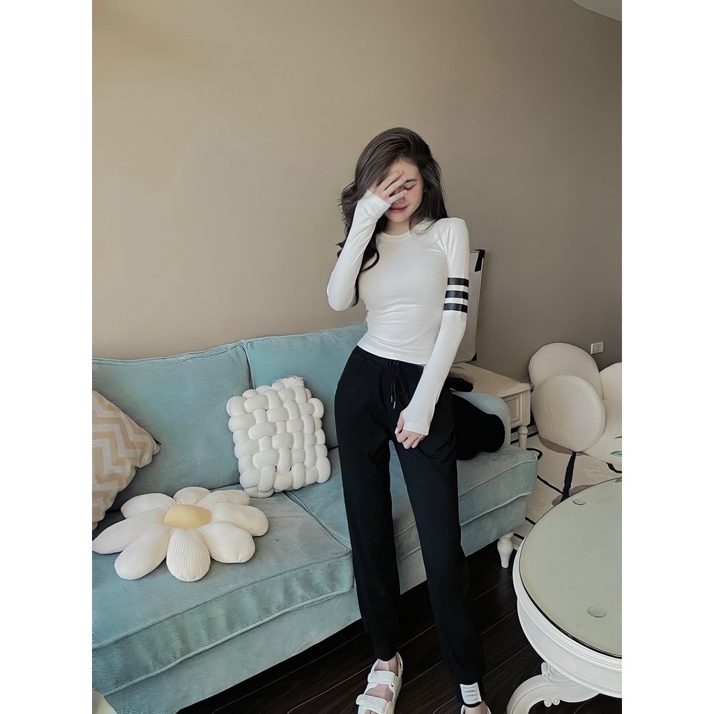 Bộ Áo Thun Nữ Tay 3 Sọc Dài Tay Dáng Ôm Kèm Quần Dài Dáng Thể Thao Siêu Hot B085