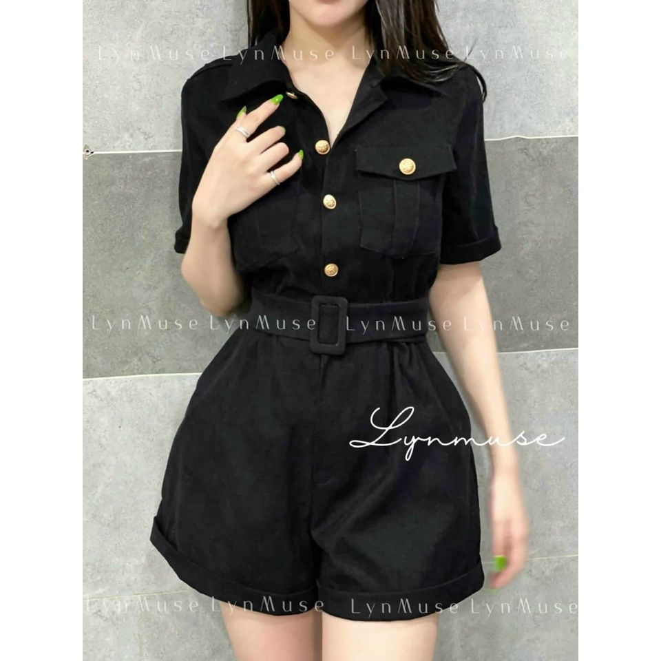 [10.10 Sales Freeship] Bộ jumpsuit cổ sơ mi liền quần đùi gập lai cá tính, bộ jum nhung tăm kèm đai phối nút trẻ trung