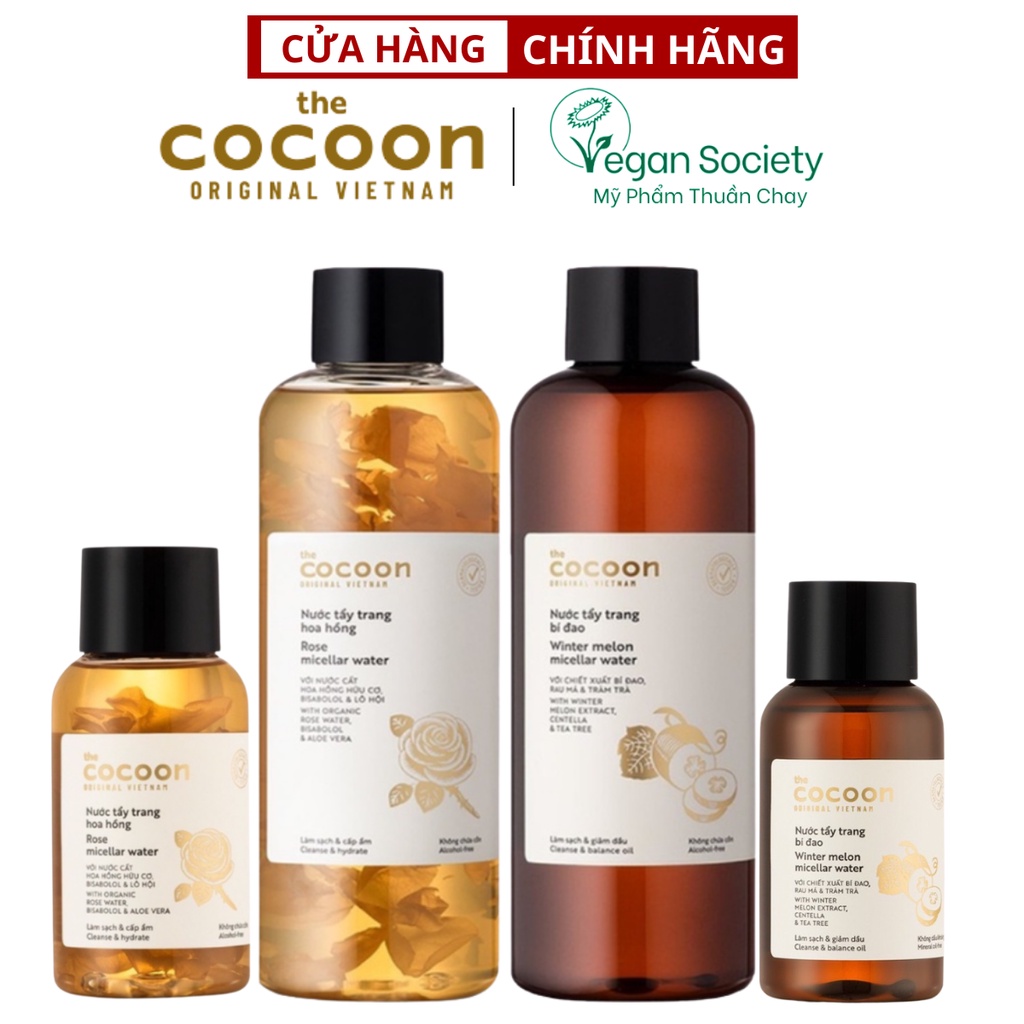 Nước tẩy trang Cocoon làm dịu nhẹ, sạch sâu và cấp ẩm 500ml ( hoa hồng / bí đao ) Tặng bông tẩy trang