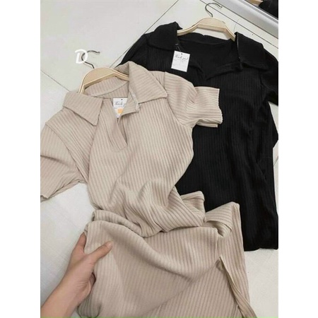 Đầm body tay ngắn sẻ tà cổ V