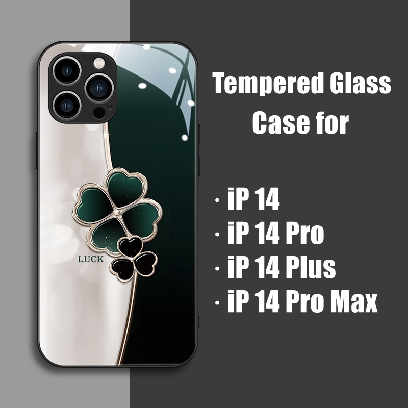 Ốp Điện Thoại Kính Cường Lực Cứng Họa Tiết Cỏ Ba Lá May Mắn Cho iPhone 14 Pro Max 14 Plus 13 12 11 promax X Xr Max Xr
