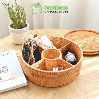 Hộp đựng mứt tết mây tre đan BAMBOOO ECO để bánh kẹo hoa quả ô mai đồ khô 5 ngăn dùng phòng khách dịp tết cao cấp