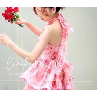 Đầm voan tơ cổ yếm 2 tầng Camellia dress ANGÉLIQUE chất lụa tơ óng mặc đi tiệc, đi chơi, sống ảo hoạ tiết hoa trà