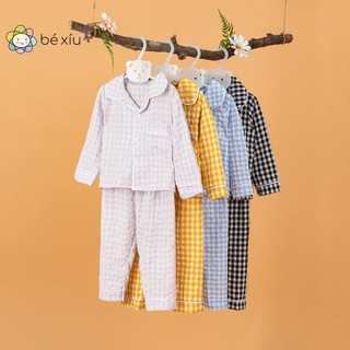 Pijama lụa cho bé gái Bộ đồ ngủ dài tay chất xốp mềm họa tiết caro mùa thu đông cho bé