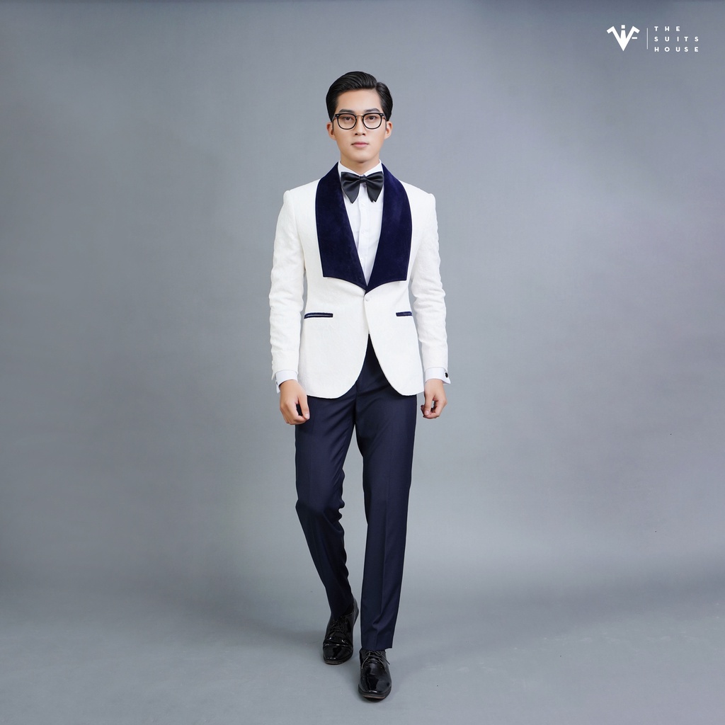 [Mã BMLT50 giảm đến 50K đơn 300K] Bộ tuxedo nam trắng ve xanh, cổ sam khuyết, chất Nhung gấm, chuẩn form The Suits House