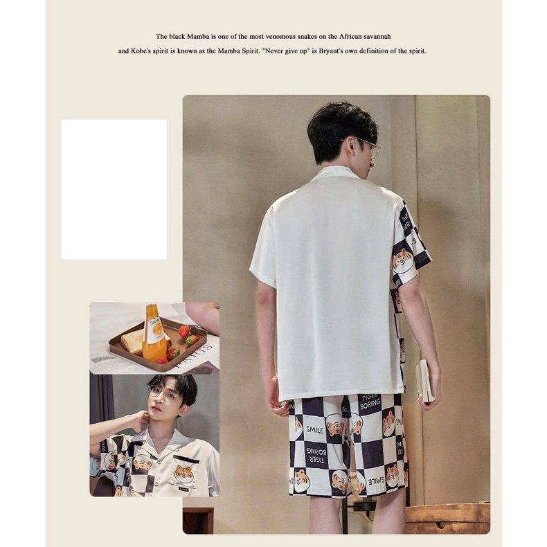 Bộ Đồ Ngủ Vải Lụa Lạnh Mỏng Tay Ngắn Phong Cách Hoạt Hình Dành Cho Nam Thanh Thiếu Niên