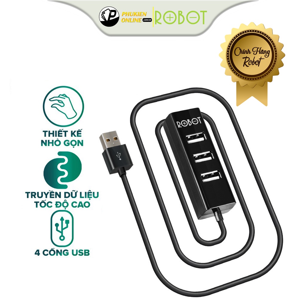 HUB Chuyển Đổi Cổng Tiếp Nối USB ROBOT H140-80, 4 Cổng Chia USB 2.0, Dây Nối Dài 80cm, Chip Đặc Biệt Thông Minh Ổn Định.