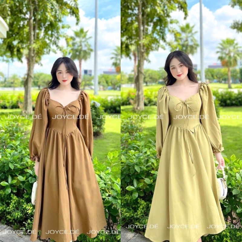 Maihuong⚡️VÁY CÚP NGỰC NƠ TAY BỒNG 2 MÀU XANH NÂU CHO NỮ GIÁ TỐT