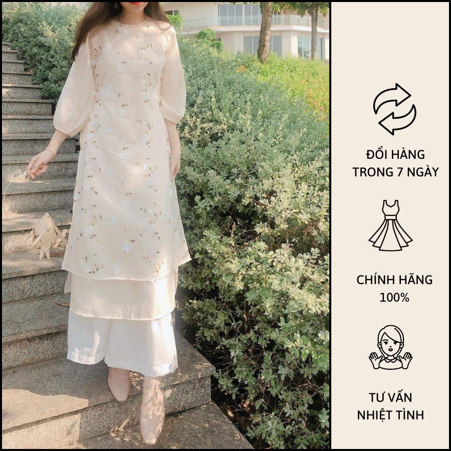Sét Áo Dài Cách Tân Nữ Tay Bồng Cổ Tròn Ren Hoa Nổi - T0039 Copines