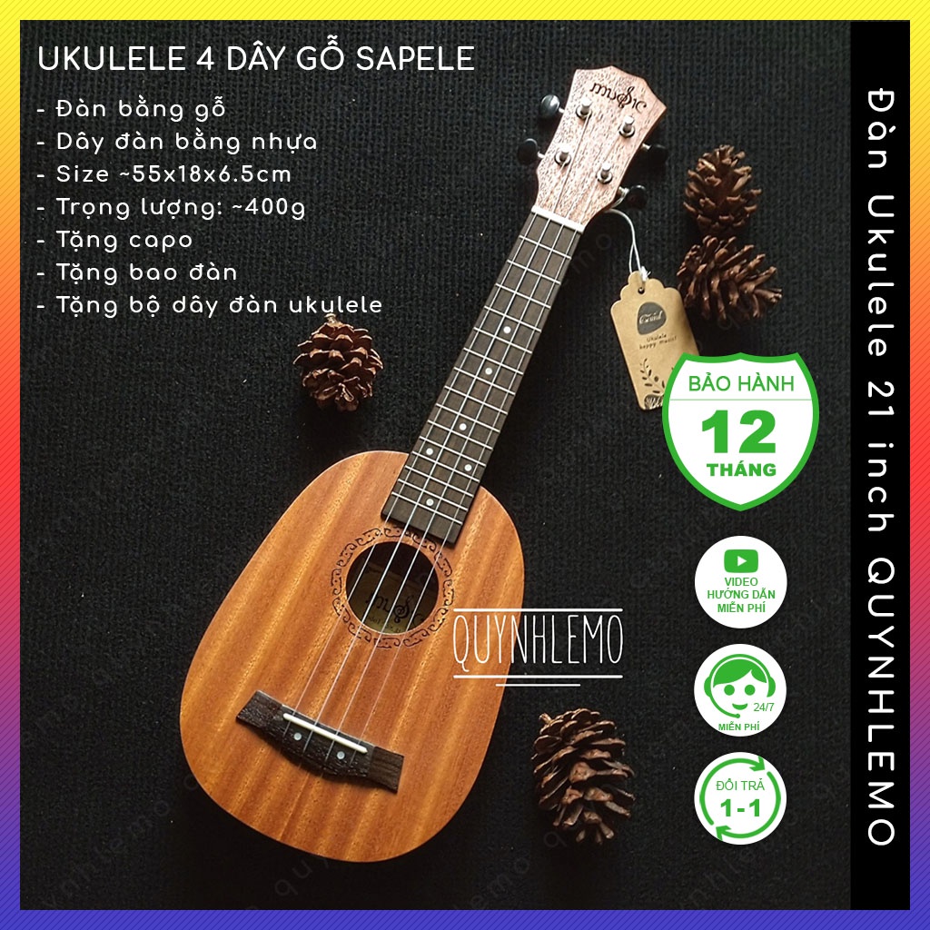 Đàn ukulele 21 inch gỗ sapele tự nhiên bền đẹp nhỏ gọn QUYNHLEMO, Ukul