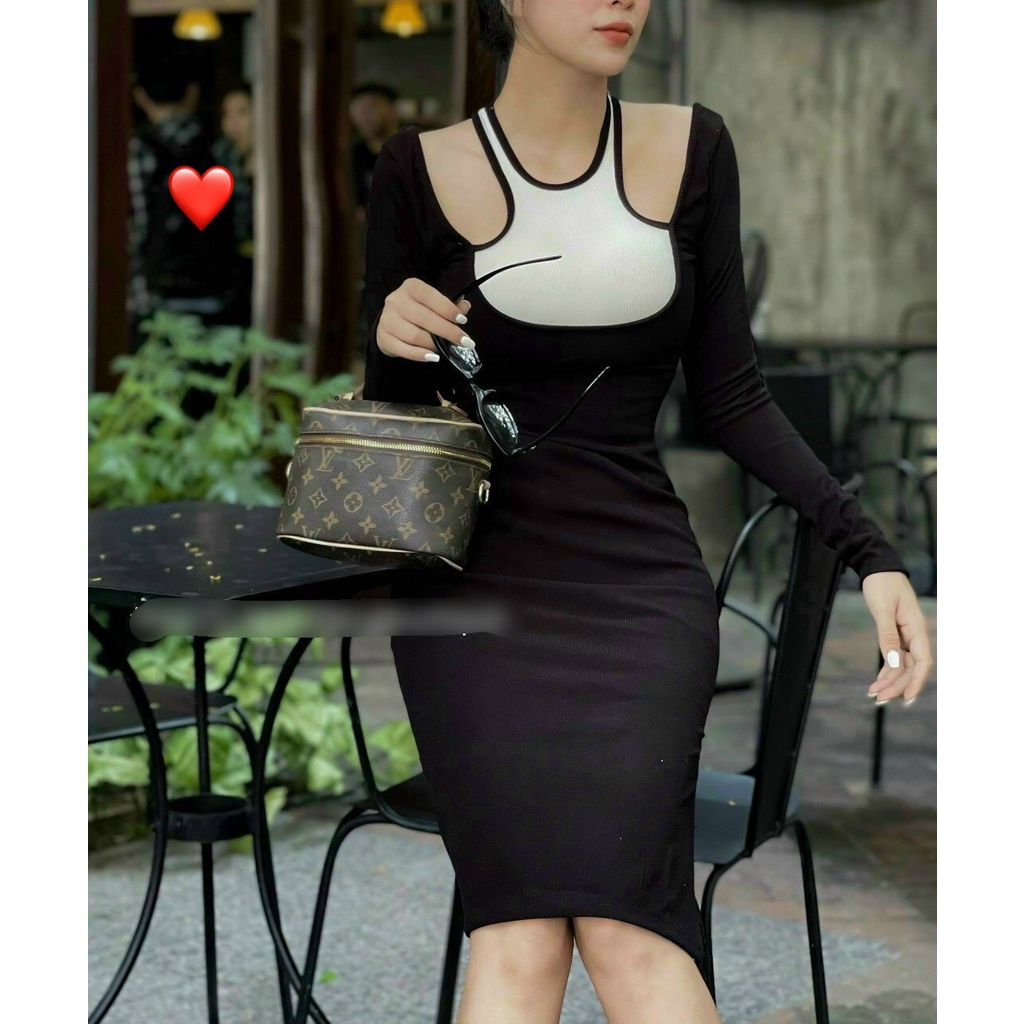 Đầm tay dài phối yếm bản cổ 2 màu ôm body khoét hở vai cực xinh , chất thun gân mềm mịn