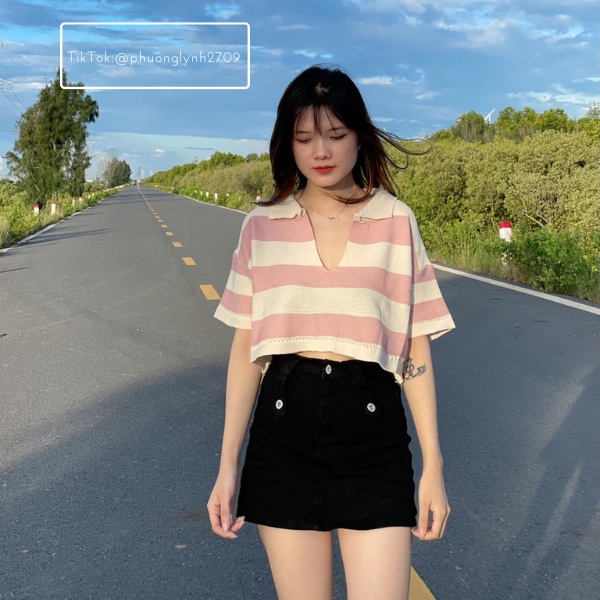 Áo len dệt kim croptop , áo croptop cổ v kẻ sọc đơn giản PLA82 | BigBuy360 - bigbuy360.vn