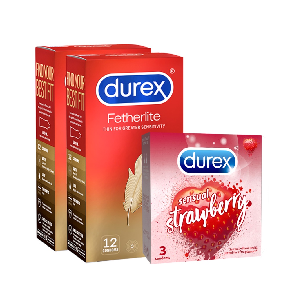 Bộ 2 bao cao su Durex Fetherlite siêu mỏng (52.5 mm, 12 bao/hộp)+ 1 Durex Sensual Strawberry hương dâu (52mm, 3 bao/hộp)