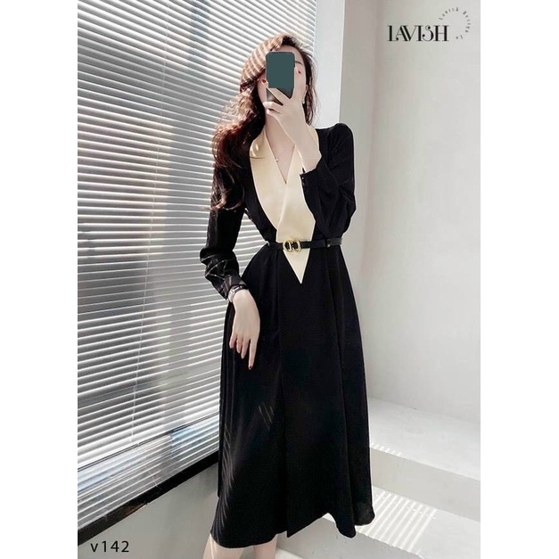 Đầm đen tay dài lỡ cổ chữ V vest kèm dây nịch thắt eo lưng belt sang trọng ulzzang Hàn Quốc