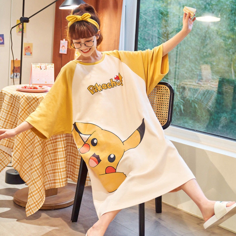 Đầm Ngủ Tay Ngắn Dáng Rộng In Họa Tiết Hoạt Hình Dễ Thương Phong Cách Hàn Quốc Thời Trang Mùa Hè Cho Nữ