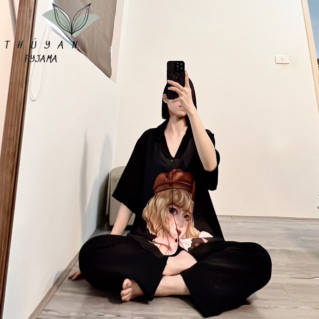 Bộ Pyjama bigsize cô gái mũ nâu cộc dài mặc nhà chất lụa Mango giá rẻ dành cho nữ, mẹ bầu 60 - 90kg