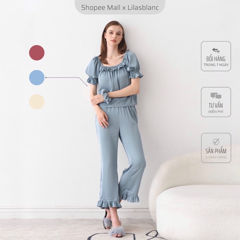 Bộ Đồ Pyjama Lụa Nữ LILAS BLANC Thiết Kế Tay Bồng Phối Viền Bèo Nữ Tính