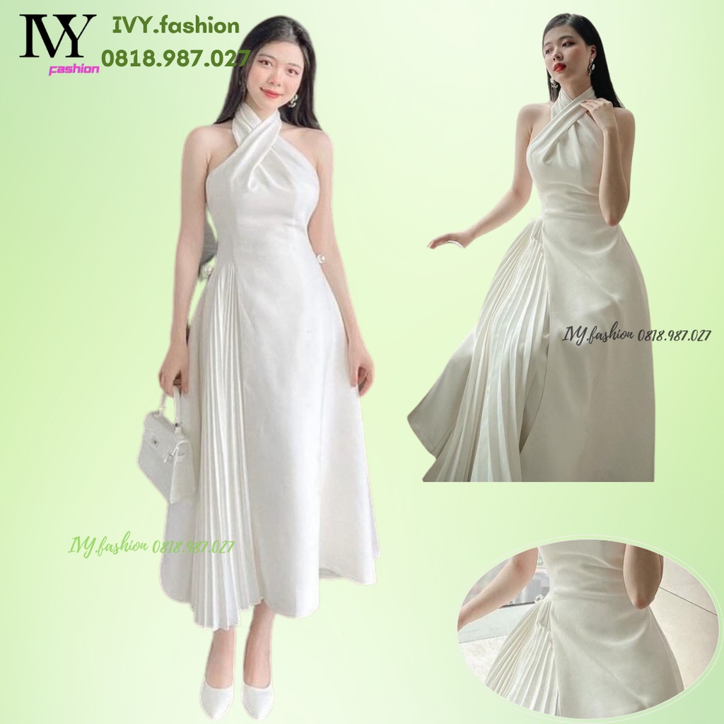 Đầm maxi trắng thiết kế 🔥cotton nhật🔥 mút ngực cổ yếm xòe dập ly chiết eo midi đi biển dự tiệc dạo phố bigsize gợi cảm