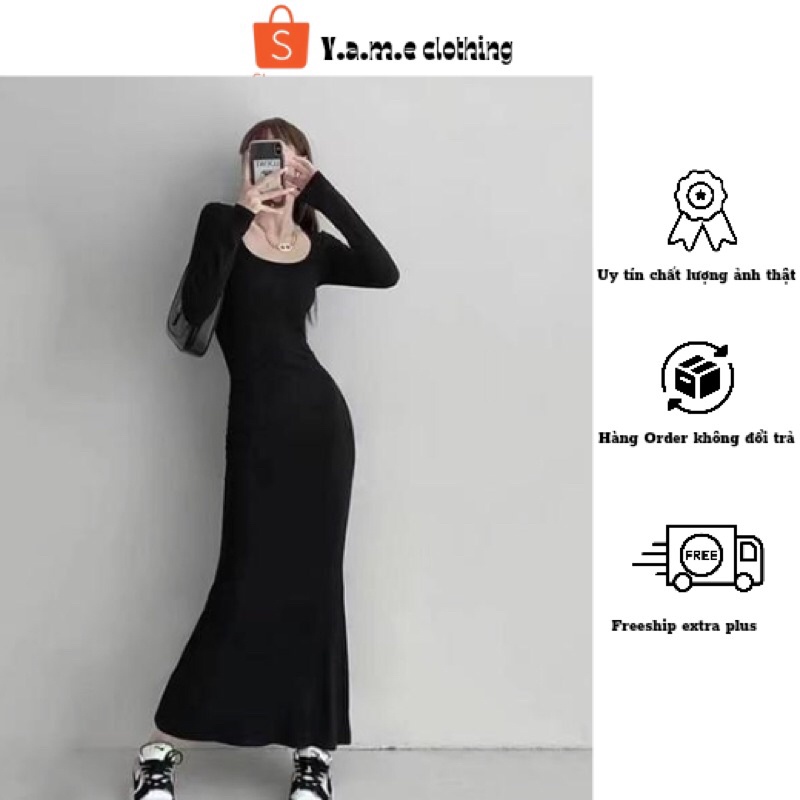 Váy đầm body dài tay dáng dài thu đông cổ rộng màu đen xám hàng quảng châu loại 1