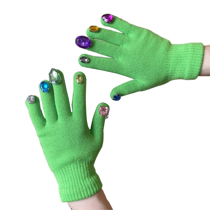 Găng Tay Dệt Kim Dày Dặn Màu Trơn Đính Đá Trang Trí Móng Tay Dễ Thương Cho Nữ