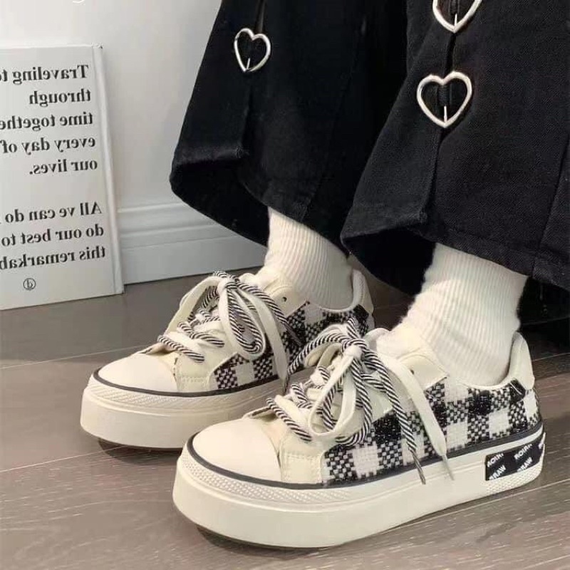 Giày thể thao nữ vải caro đan kim tuyến thời trang