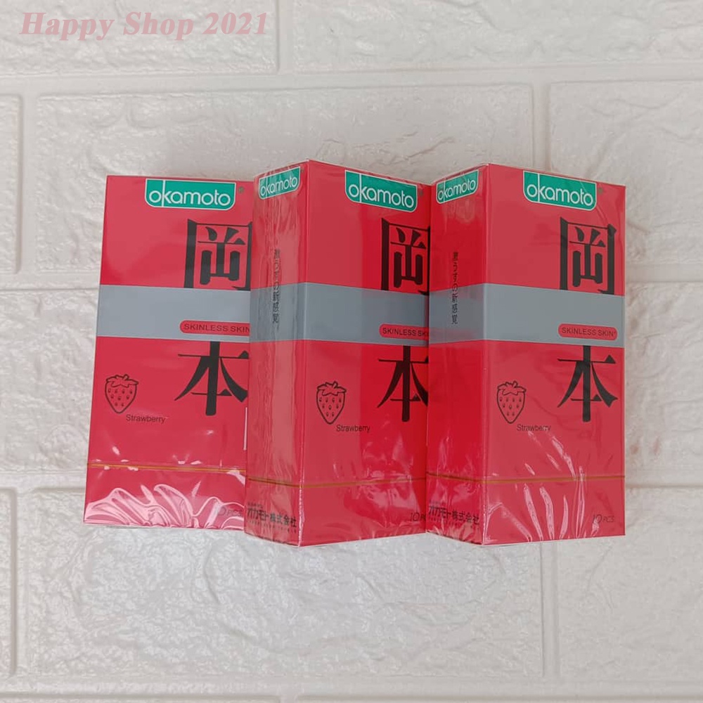 Bao cao su Okamoto Skinless Skin Strawberry hương dâu siêu mỏng hộp 10 bao