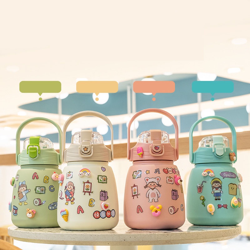 Bình nước bình giữ nhiệt Bình giữ nhiệt cute có ống hút inox 304 không rỉ an toàn 1000ml，Rare department store