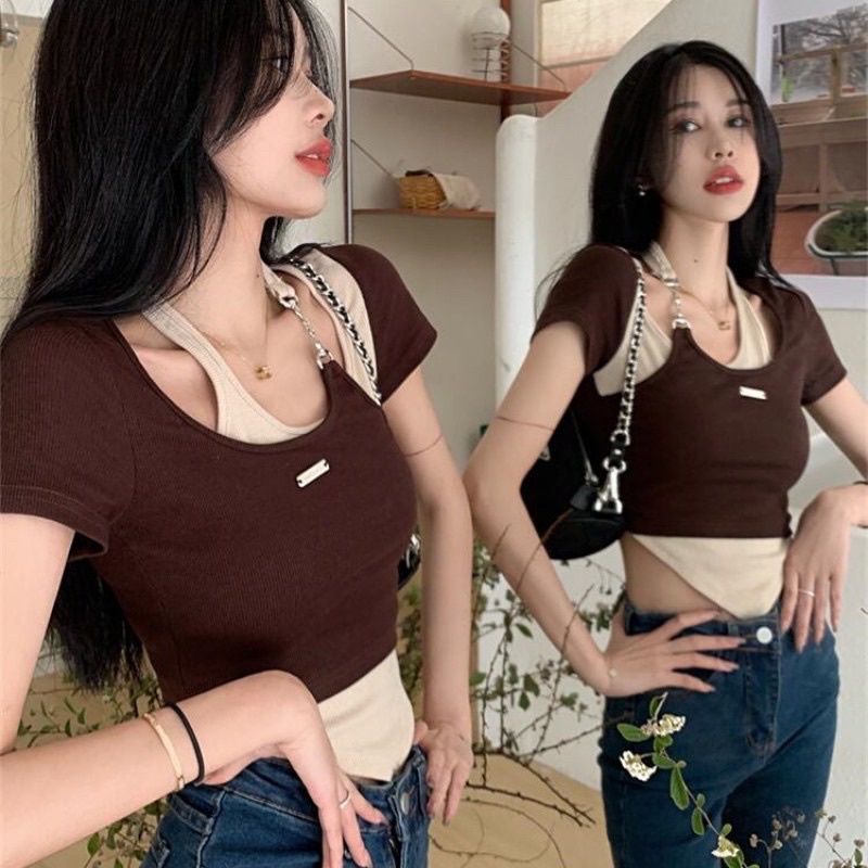 Áo Thun Croptop Giả Hai Dây Kiểu Xích Phong Cách Thời Trang Hàn Quốc 2022 Cho Nữ