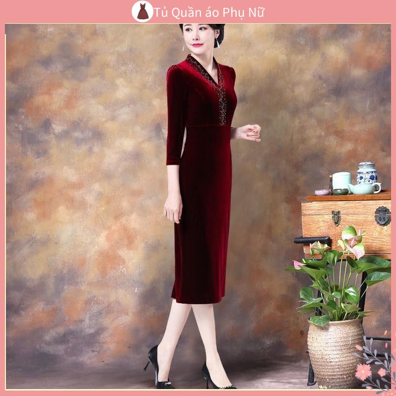 Va 'Y' Y Đầm Nhung Cổ Chữ V Rộng Rãi Phong Cách Mới Thanh Lịch Mùa Xuân Hè Dành Cho Mẹ Trung Niên