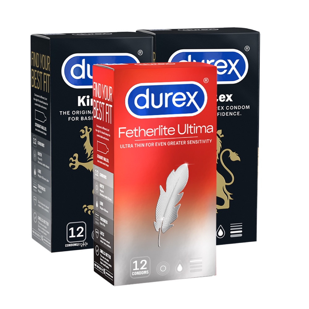 Bộ 2 hộp bao cao su Durex Kingtex ôm sát size 49mm và 1 hộp Durex Fetherlite Ultima siêu mỏng size 52mm, hộp 12 bao