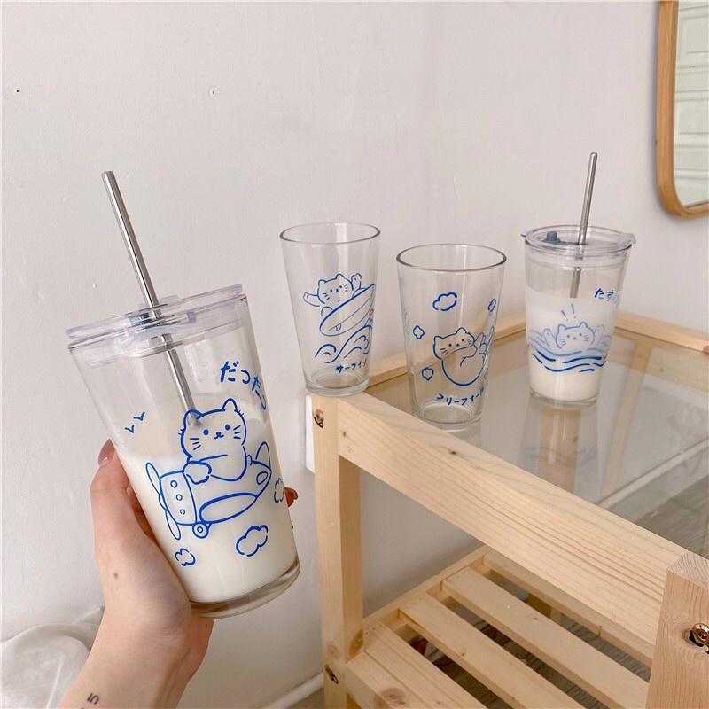 Cốc, ly thủy tinh uống nước in hình mèo béo có nắp và ống hút thuỷ tinh